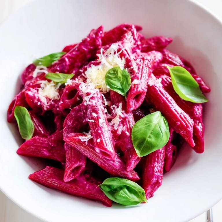 Steaming Pink Pasta with Beet Cream features rich beetroot-infused sauce, topped with fresh basil and extra grated Parmesan for a stunning side or main.