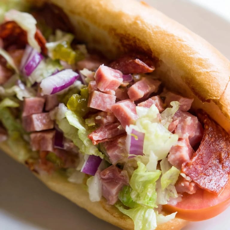 A close-up of a hearty chopped Italian grinder sandwich on a toasted roll, loaded with meats and veggies.