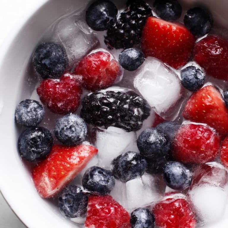 Two chilled bowls of Nature's Cereal Bowl brim with strawberries, blueberries, and raspberries in coconut water, garnished with ice for a hydrating snack.  