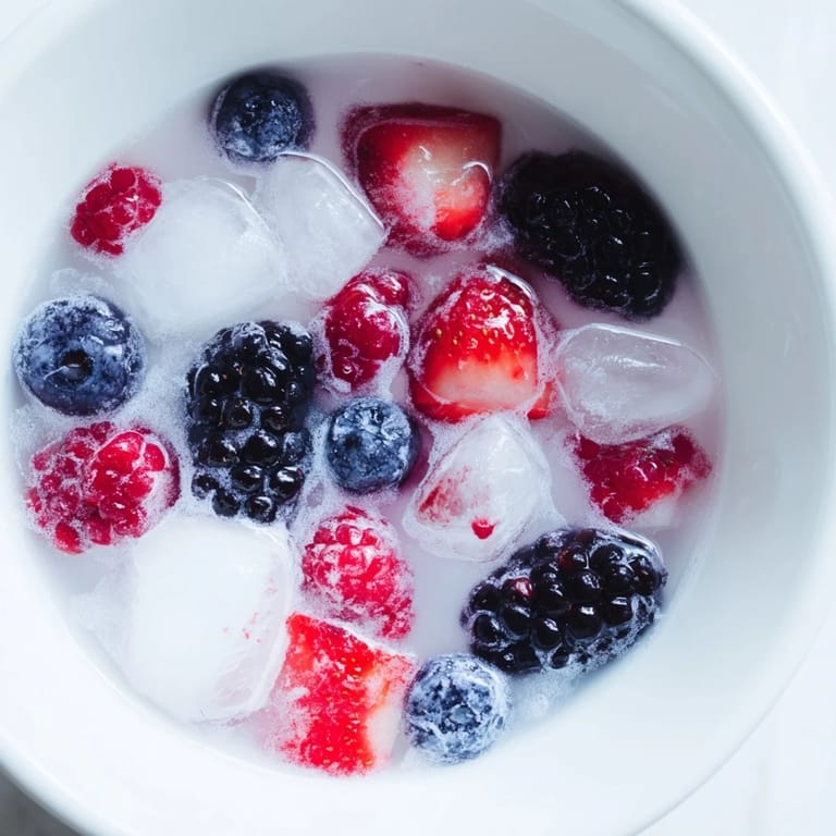 Nature's Cereal Bowl with fresh berries over ice and coconut water, topped with optional chia seeds, creating a colorful, antioxidant-rich vegan breakfast.