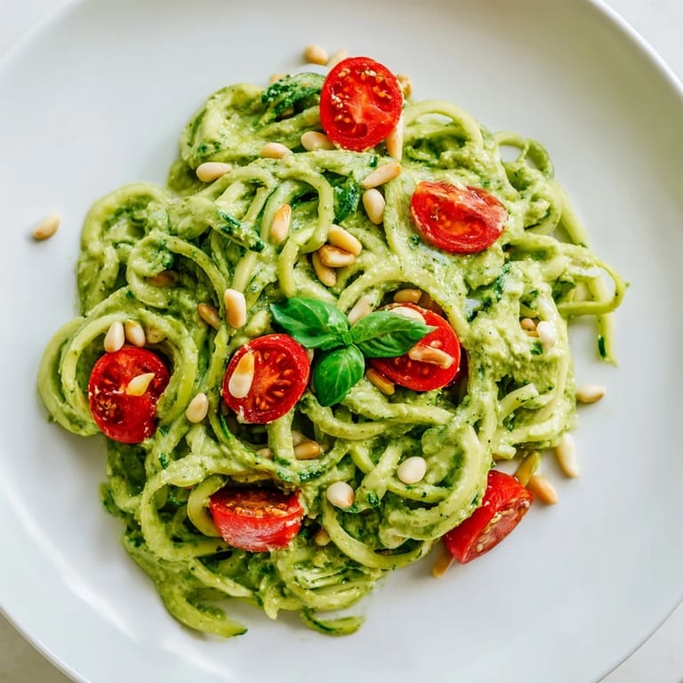 A vibrant bowl of Avocado Pesto Zoodles with juicy tomatoes, perfect for a light, low-carb lunch.
