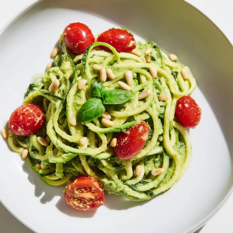 Sautéed zucchini noodles tossed in a creamy avocado pesto, garnished with fresh basil for an Italian-inspired meal.