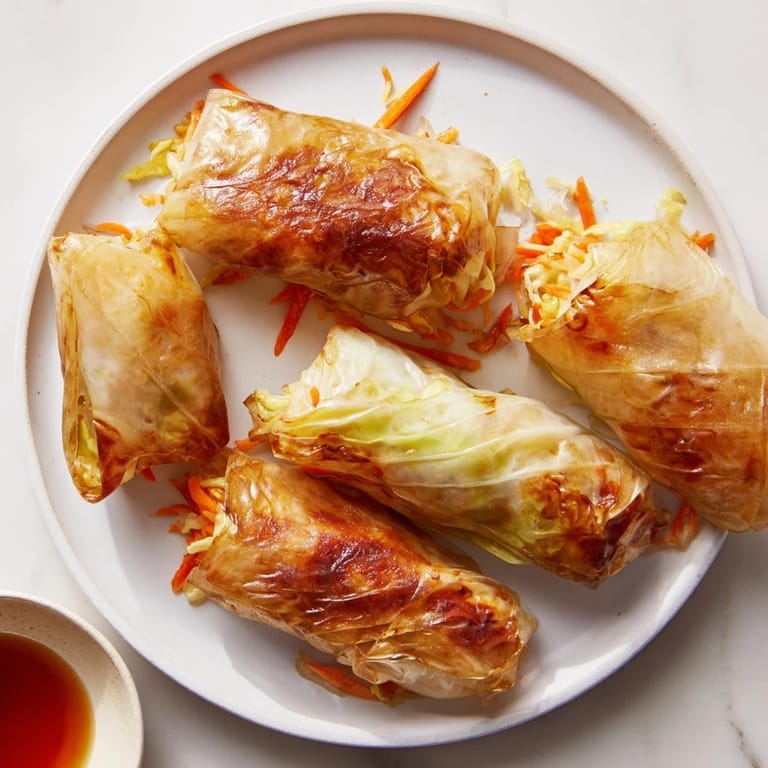 Overhead view of Crispy Rice Paper Dumplings served with a small bowl of spicy soy dipping sauce and sesame seeds.