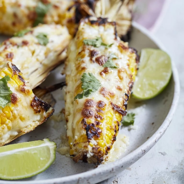 Oven-roasted Cheesy Corn Ribs garnished with cilantro and lime, ready to serve as a zesty appetizer.  