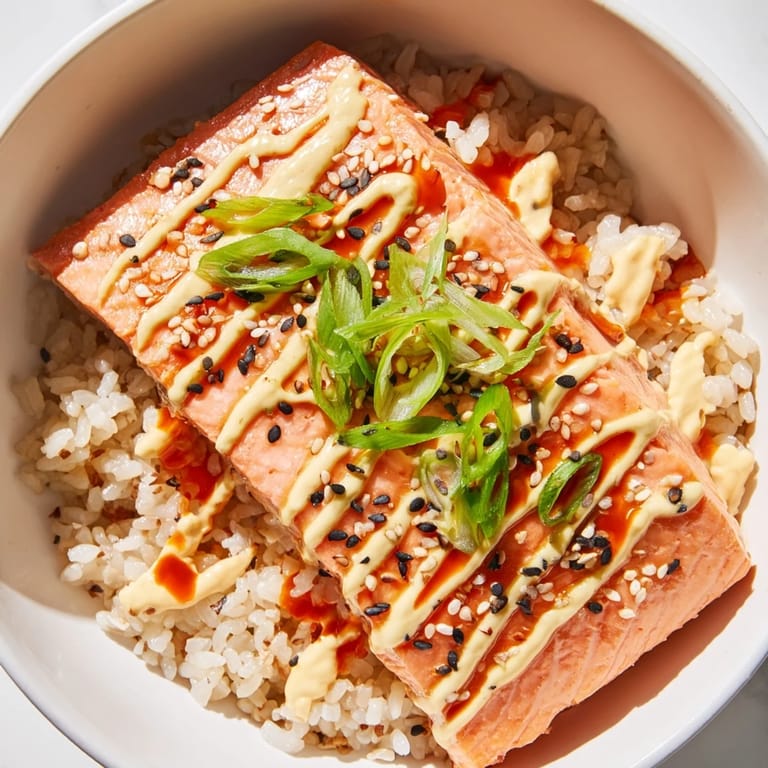 The Emily Mariko Salmon Rice Bowl features a comforting mix of warm rice, savory salmon, and a drizzle of spicy sriracha mayo.