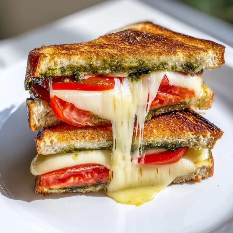 A close-up view of a warm, buttery Caprese Pesto Grilled Cheese sandwich, featuring layers of gooey mozzarella and vibrant tomato slices.  
