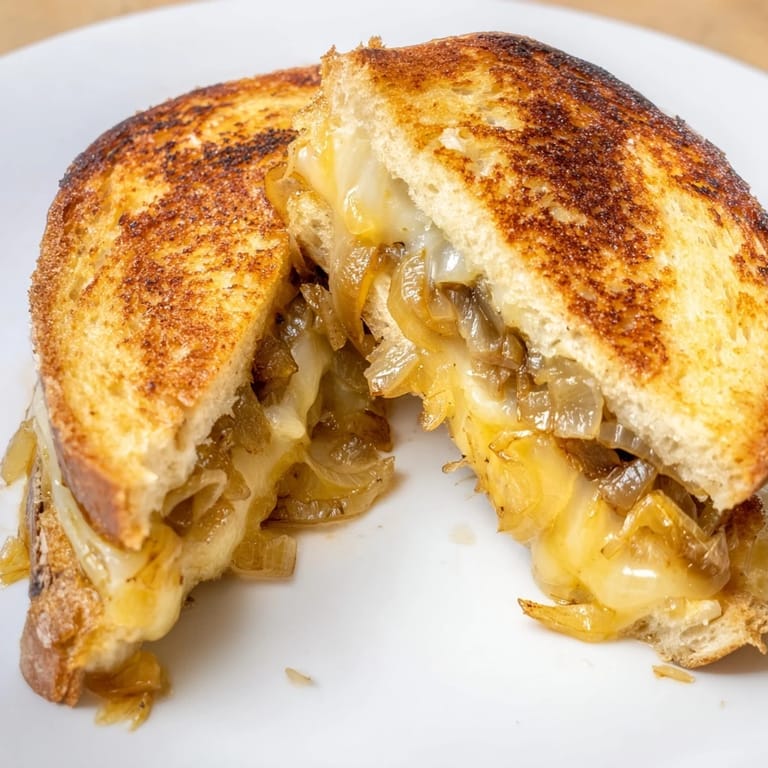 The perfect Caramelized Onion Grilled Cheese, featuring jammy onions and crisp bread, ideal for an easy vegetarian comfort food dinner.