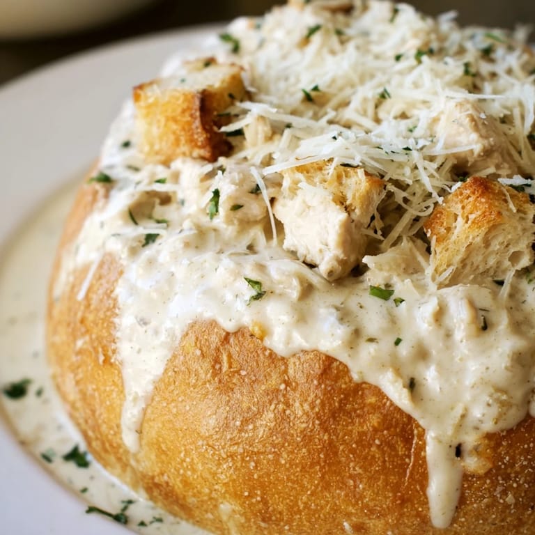 Serving suggestion for Chicken Alfredo Bread Bowl, with steam rising from the cheesy pasta filling inside a hollowed crusty loaf.