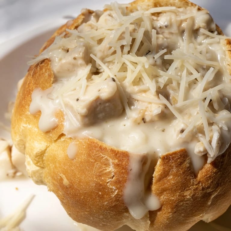 Freshly baked Chicken Alfredo Bread Bowl, its crusty top torn to reveal a rich, garlicky cream sauce and tender chicken chunks.  