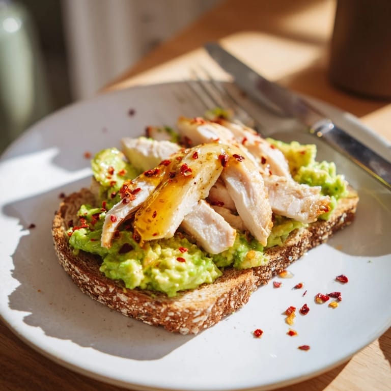 Savory-sweet Smashed Avocado Chicken Toast with golden crust, smooth avocado, and a spicy chili kick for brunch.