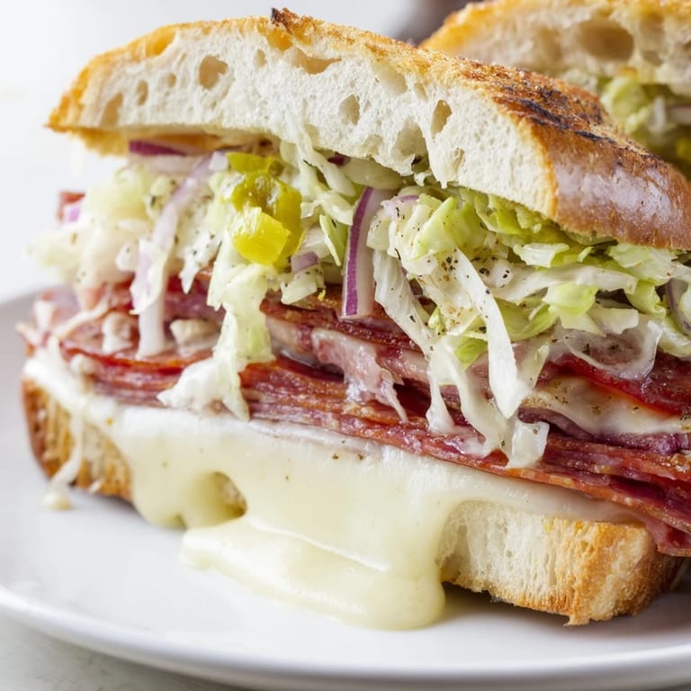 Two halves of a toasted Italian Sub Grilled Cheese on a checkered napkin, with shredded lettuce and a side of kettle chips.  