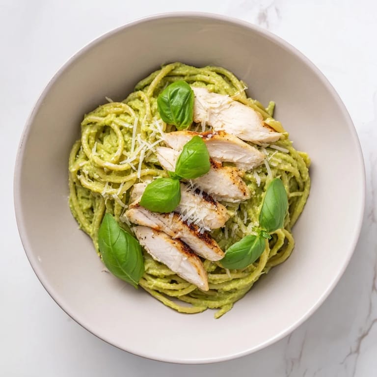 Overhead view of Creamy Avocado Chicken Pasta in a serving bowl, highlighting the creamy green sauce and juicy grilled chicken pieces.