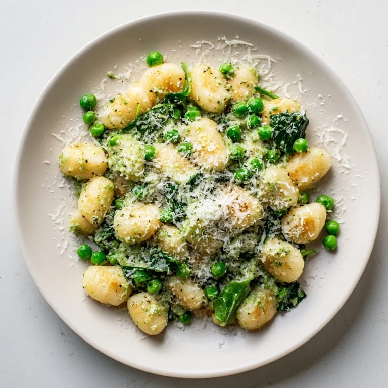 A close-up of crispy gnocchi tossed with sweet peas and spinach, drizzled with pesto and Parmesan.