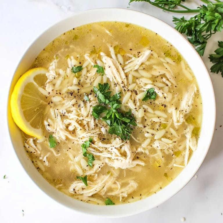 Bright, comforting Lemon Pepper Chicken Orzo Soup in a rustic pot, steam rising, with chopped parsley and lemon wedges beside it for garnish.