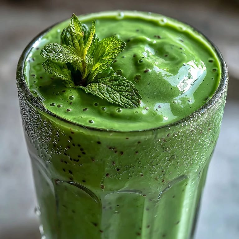 Green Detox Smoothie in a mason jar topped with crushed ice, showing a creamy, pale green texture from spinach, banana, and apple slices beside the glass.