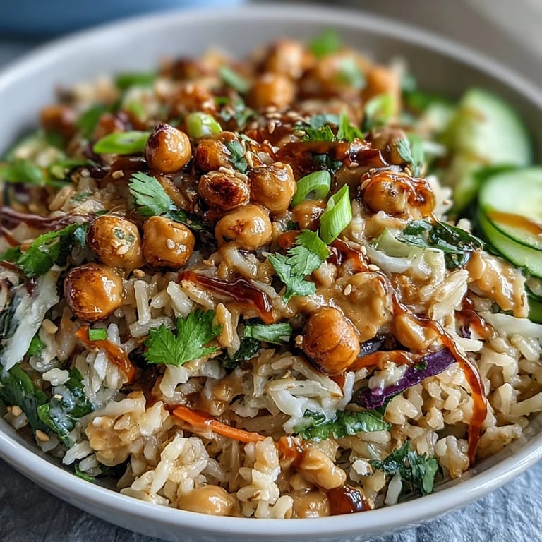 Vibrant Peanut Chickpea Rice Bowl topped with fresh cilantro and scallions, ready to serve for a quick dinner.