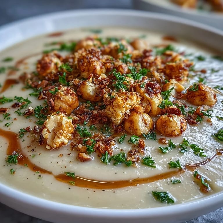 Roasted celeriac blended into velvety soup, finished with a savory hazelnut crumble and ready to serve alongside crusty bread.