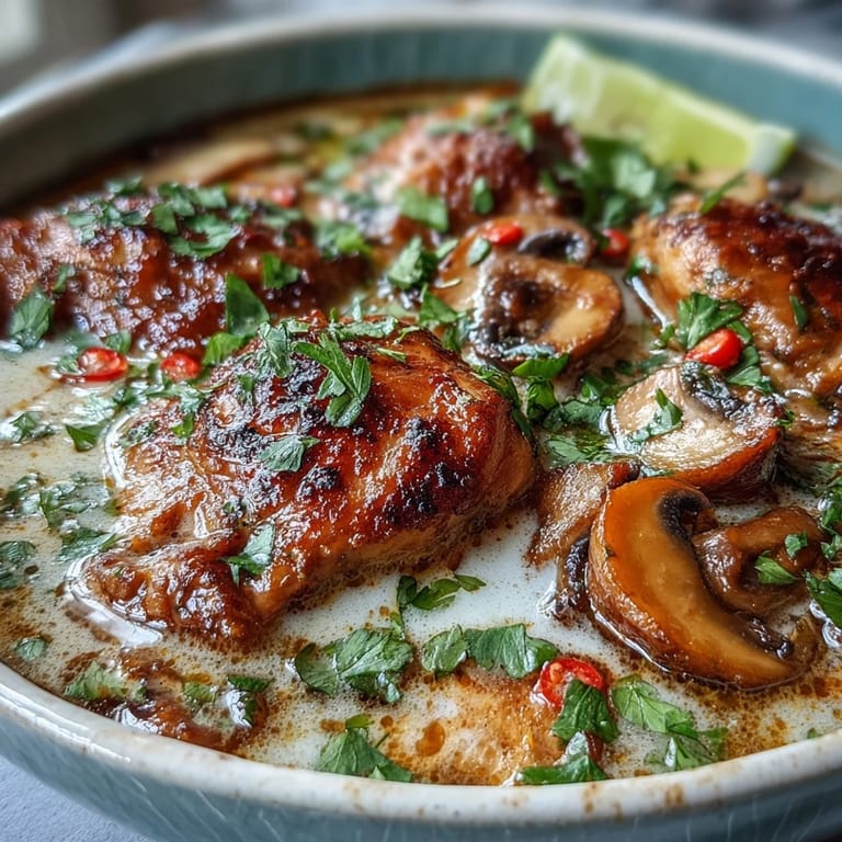 Steaming Thai Coconut Curry Soup served in a white bowl, garnished with fresh cilantro and a lime wedge.  