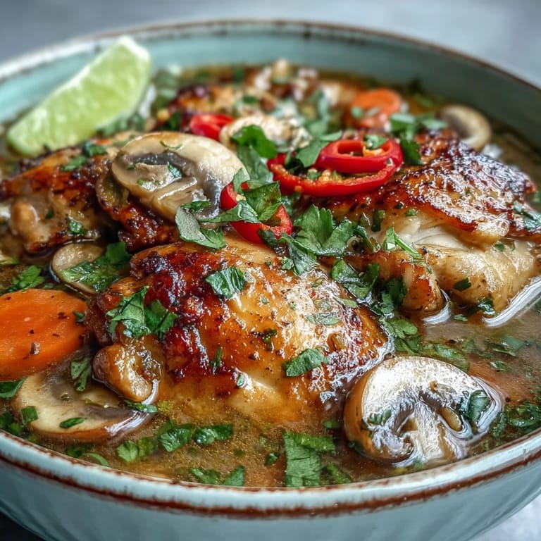 Overhead view of Thai Coconut Curry Soup with jasmine rice, sliced chicken, and vibrant red chili garnish.