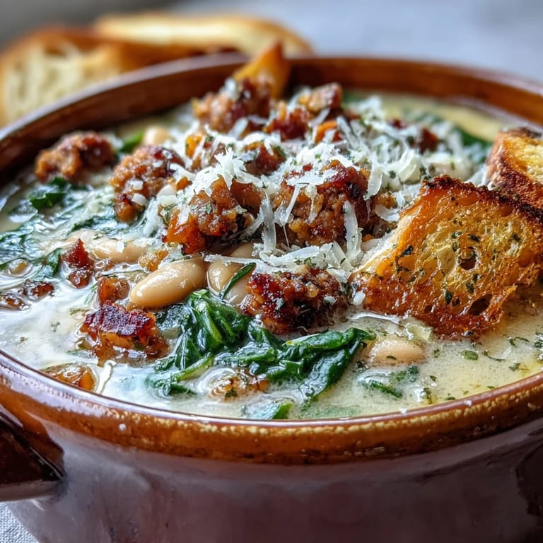 Golden sausage and tender white beans swim in the creamy broth of this Creamy Tuscan White Bean Soup.