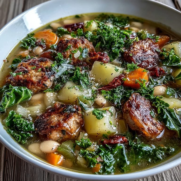 Hearty Tuscan White Bean Sausage Soup ladled into a rustic bowl, topped with freshly grated Parmesan cheese and a slice of crusty bread.
