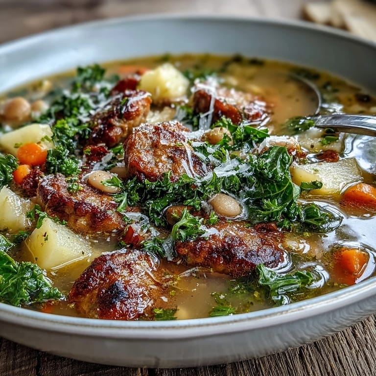Steam rises from a pot of Tuscan White Bean Sausage Soup featuring tender potatoes, carrots, and celery in a savory Italian broth.