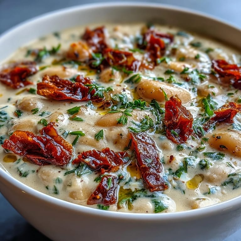 Rich, golden Creamy Tuscan White Bean Soup in a ceramic bowl with Italian herbs, pancetta crumbles, and sun-dried tomatoes.