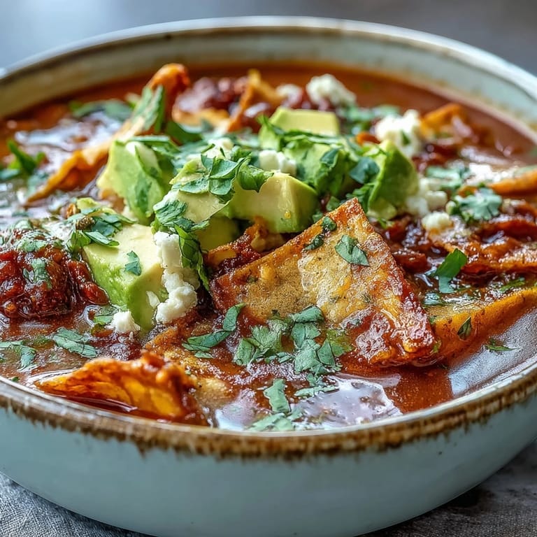 Crispy tortilla strips and creamy panela cheese top a warm bowl of Sopa Azteca, with fresh cilantro and avocado adding vibrant color.