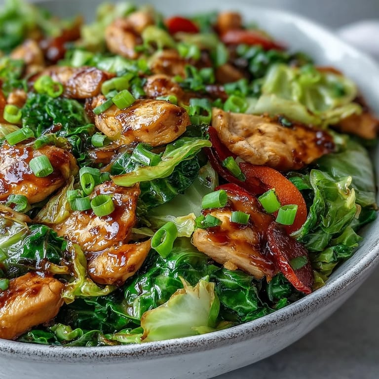Vibrant Chicken Cabbage Stir-Fry with tender chicken and crunchy cabbage, drizzled with a rich umami sauce and garnished with fresh green onions, perfect for a quick meal.