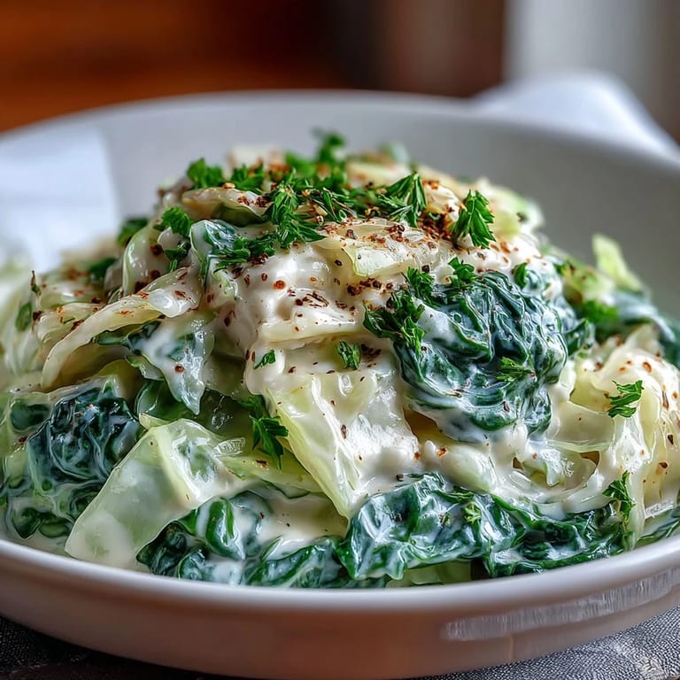 Tender Creamed Cabbage with a velvety sauce, flecked with black pepper and nutmeg, ready to enjoy with roast chicken.