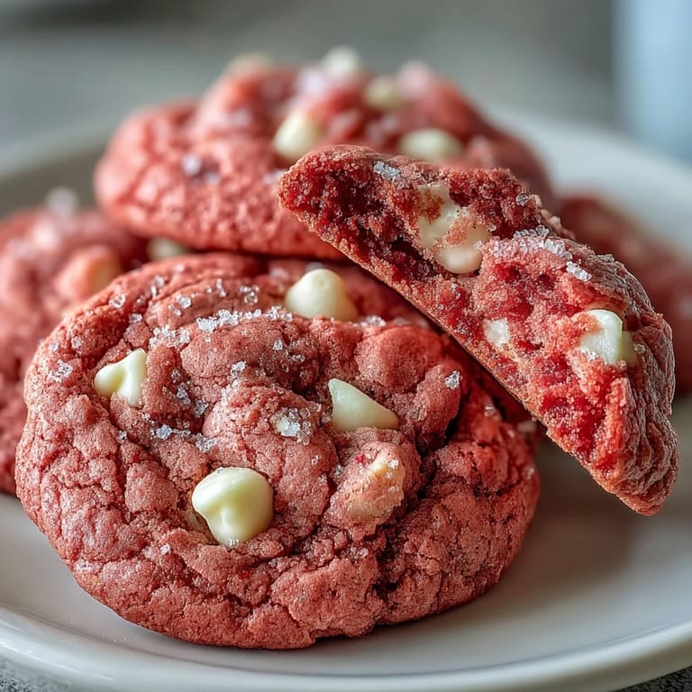 Freshly baked Pink Velvet Cookies with pink crinkled edges, stacked and ready to serve with a glass of milk.
