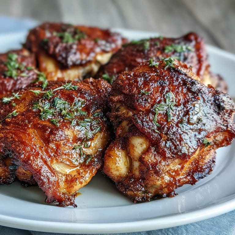 Crispy bone-in chicken thighs show their juicy, succulent meat and deep golden skin under warm, broiled finishing light.