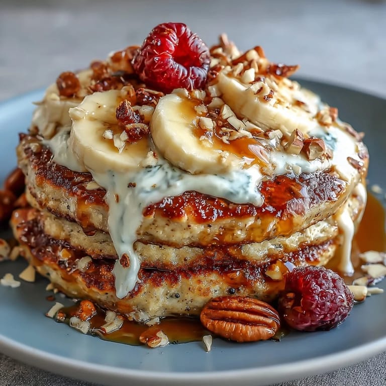A high-protein breakfast featuring a fluffy Protein Pancake Bowl with nut butter drizzle and granola over the top.