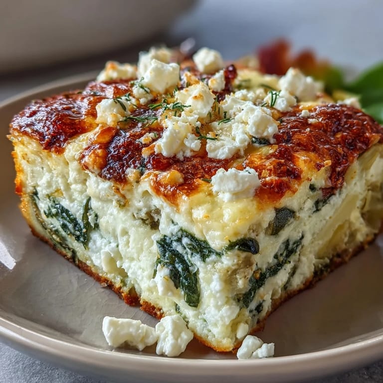 Sliced squares of High Protein Spinach Artichoke Bake on a white plate, perfect for a low-carb dinner.