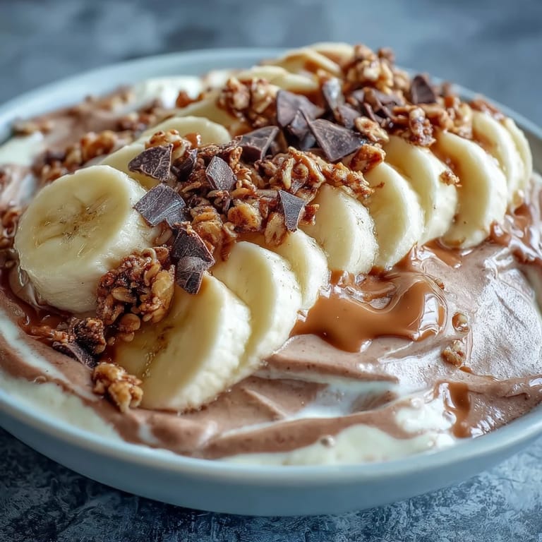 This vibrant bowl features a rich cocoa and peanut butter base, topped with fresh banana slices and chopped dark chocolate for an indulgent breakfast.