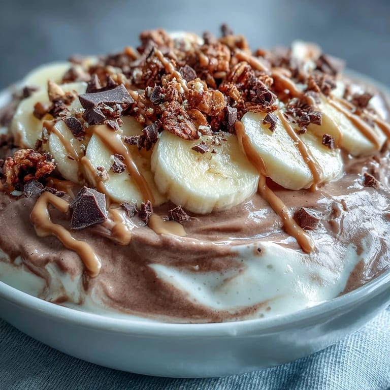 Spoon ready to dive into a nourishing Chocolate Peanut Butter Smoothie Bowl, loaded with granola, banana slices, and a decadent peanut butter drizzle.
