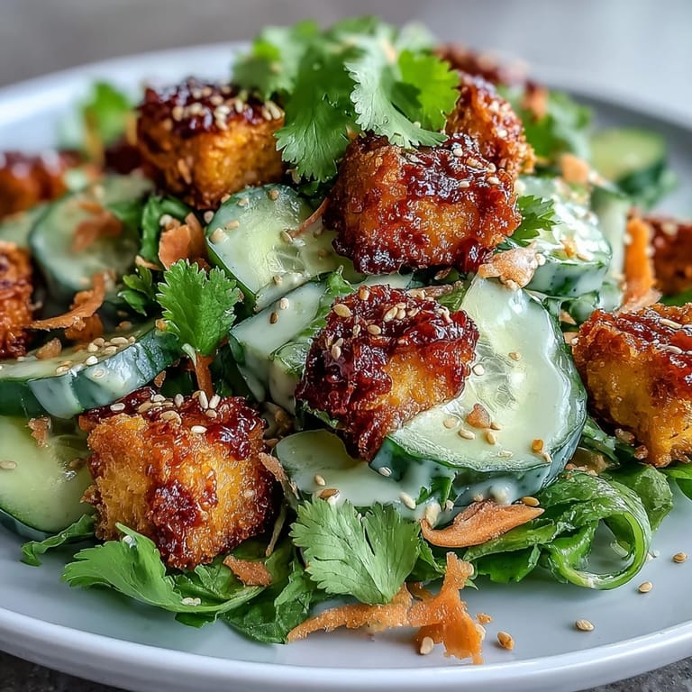 A plated serving of creamy Asian cucumber salad with crispy tofu, green onions, and sesame seeds.
