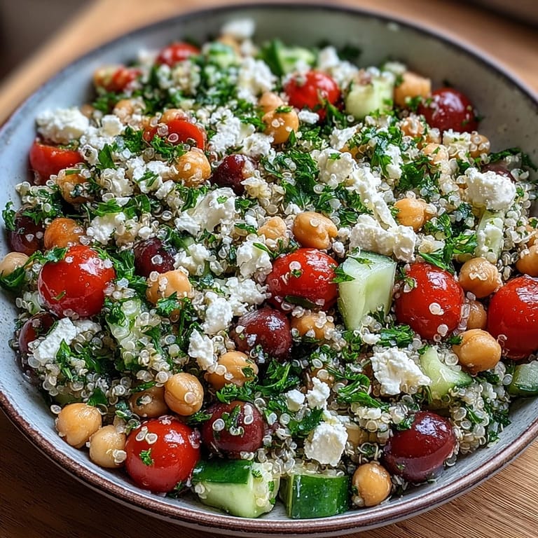 Healthy Mediterranean High Protein Quinoa & Chickpea Salad with chickpeas, tomatoes, and cucumber on a rustic table.