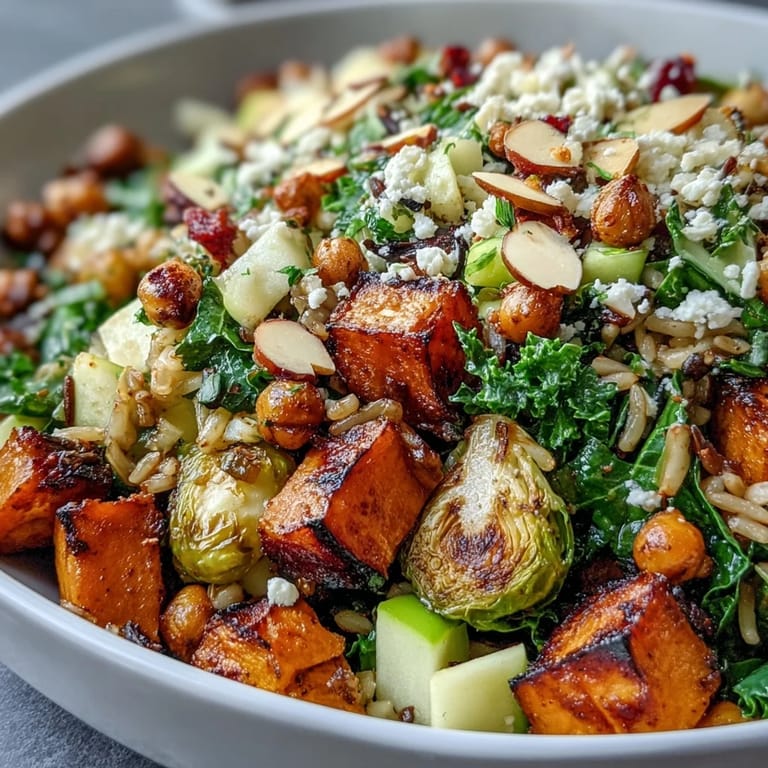 A wholesome Fall Harvest Bowl features roasted Brussels sprouts, crisp apples, and celery, all tossed in a tangy apple cider vinaigrette.