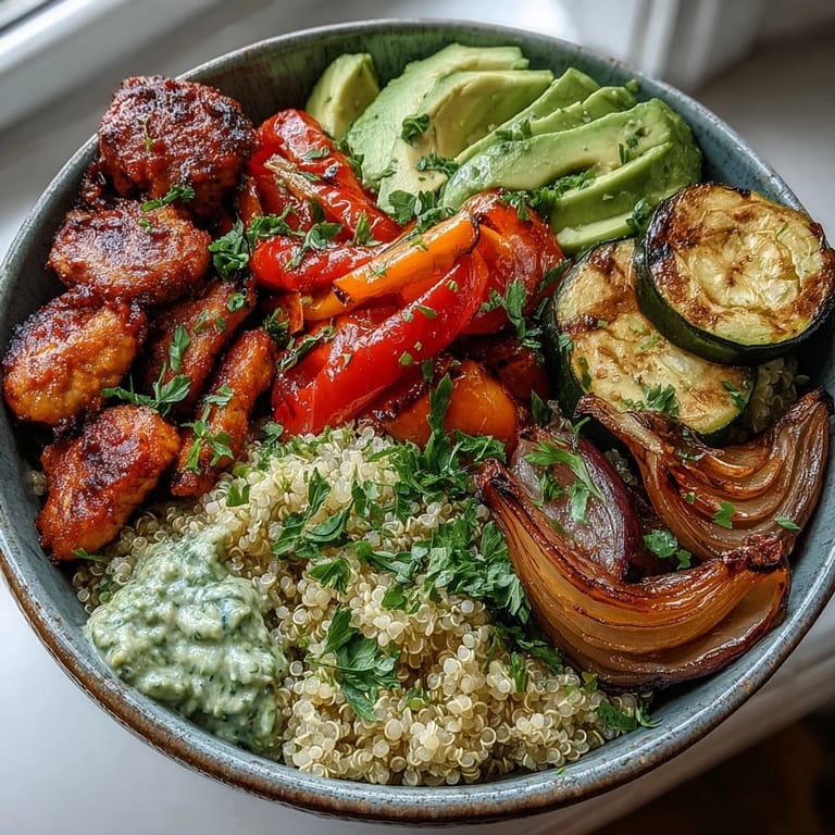 Warm Paprika Roasted Vegetable Quinoa Bowl garnished with parsley, served alongside a crisp green salad for a healthy lunch.