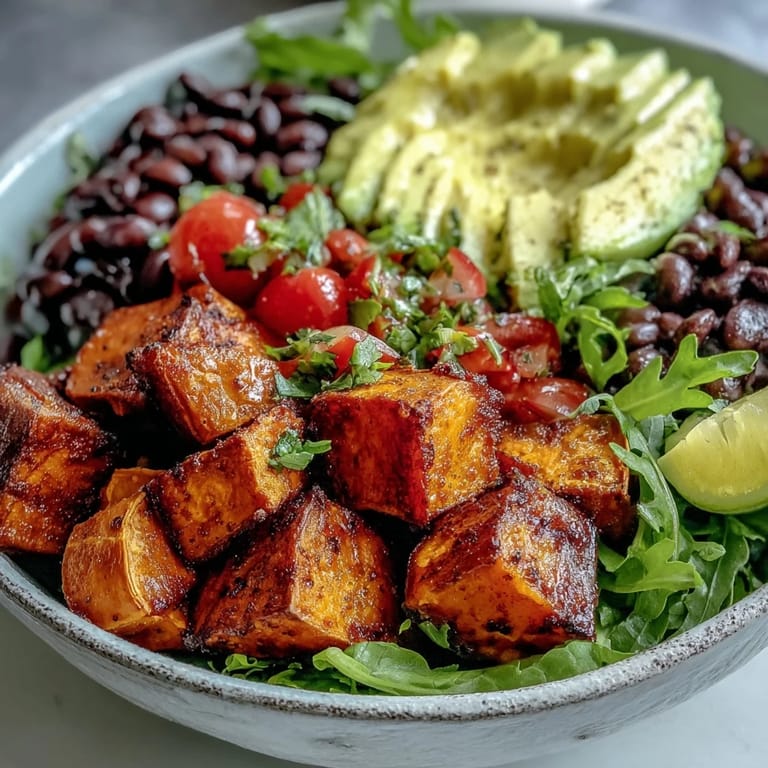 A hearty Sweet Potato and Black Bean Bowl with warm spices, zesty lime dressing, and colorful vegetables perfect for a nutritious meal.