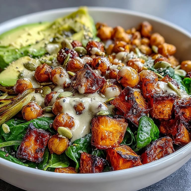 This roasted sweet potato and chickpea bowl features garlicky spinach and creamy avocado slices, perfect for a healthy weeknight dinner.  