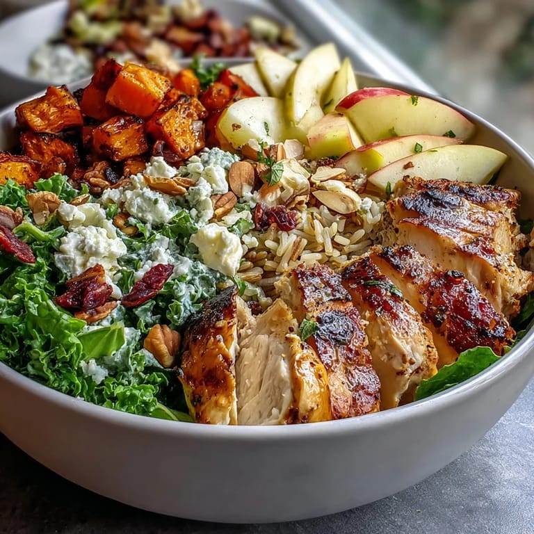This hearty Harvest Bowl combines tender roasted chicken, nutty wild rice, and sweet potatoes with crisp apples and crunchy almonds.  