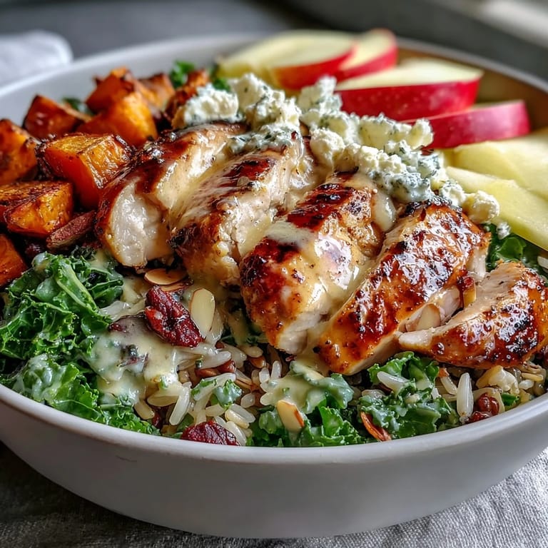 Savor a colorful Harvest Bowl with massaged kale, roasted vegetables, tangy balsamic dressing, and a sprinkle of goat cheese.