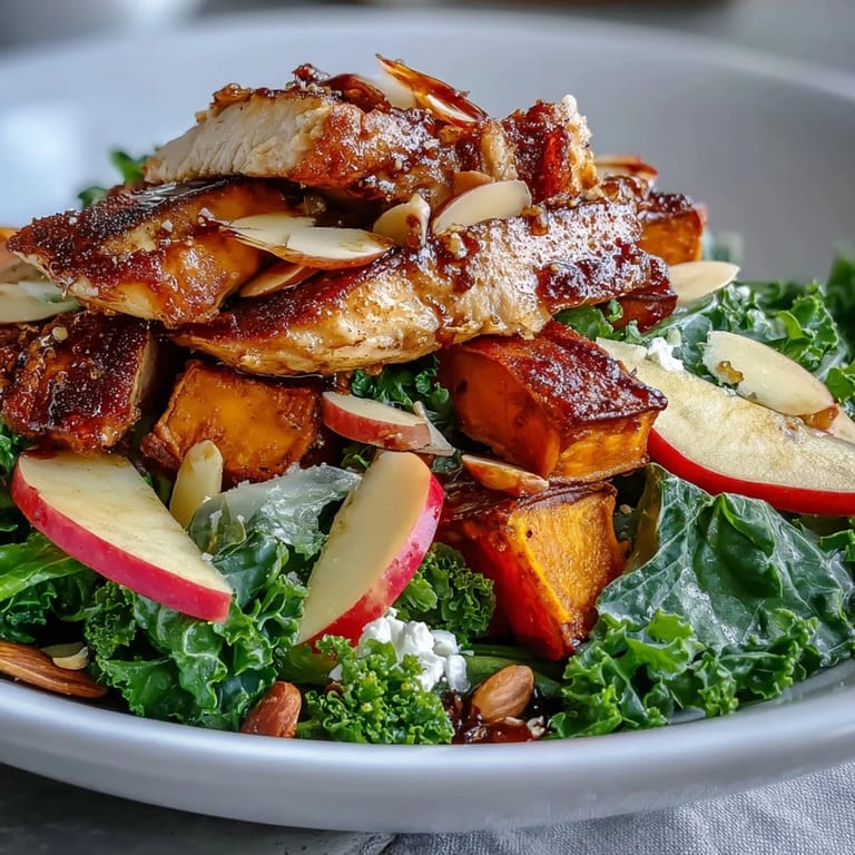 Fall Sweet Potato Harvest Bowl with golden roasted chicken, tender sweet potatoes, fresh kale, and toasted almonds.