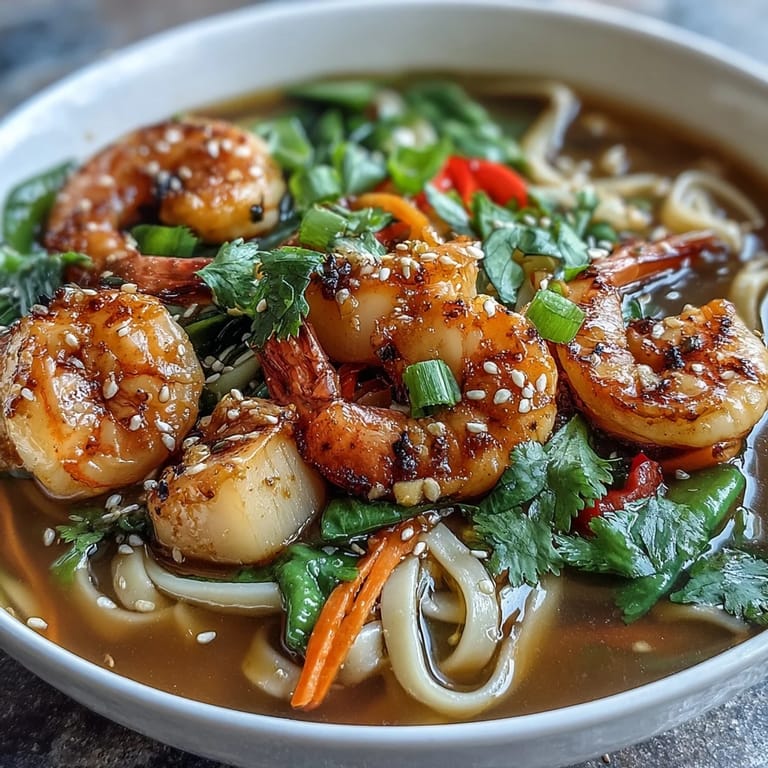 A steaming bowl of Asian Noodle Bowl with Shrimp and Scallops features tender seafood, bok choy, and lime wedges.
