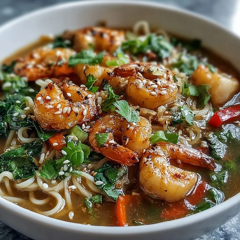 Close-up of Asian Noodle Bowl with Shrimp and Scallops, highlighting glossy noodles and colorful vegetables in a rich broth.