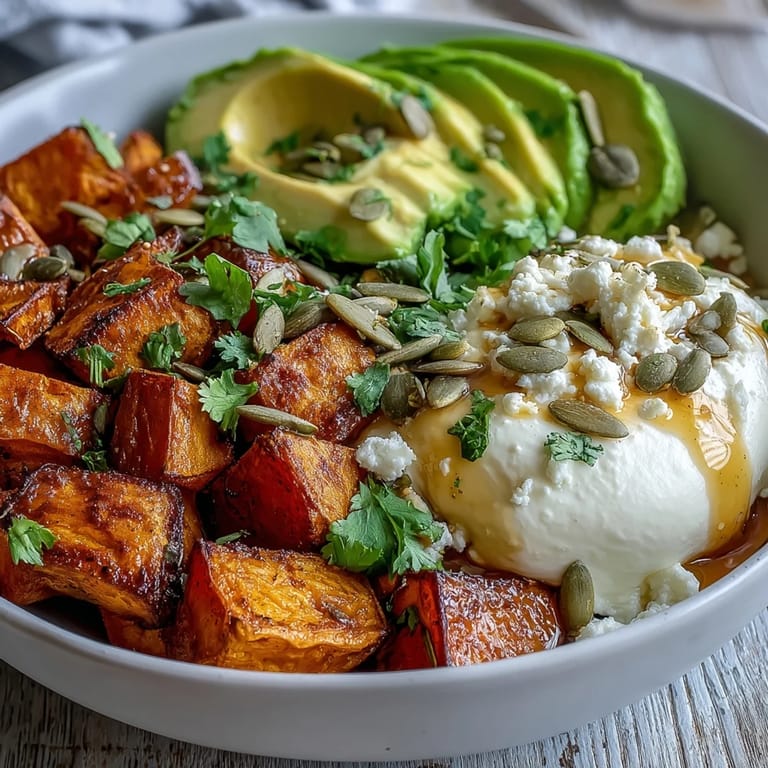 Ready in 45 minutes, this easy vegetarian Hot Honey Sweet Potato Bowl combines roasted sweet potatoes, creamy avocado, and cottage cheese with a drizzle of spicy-sweet hot honey.