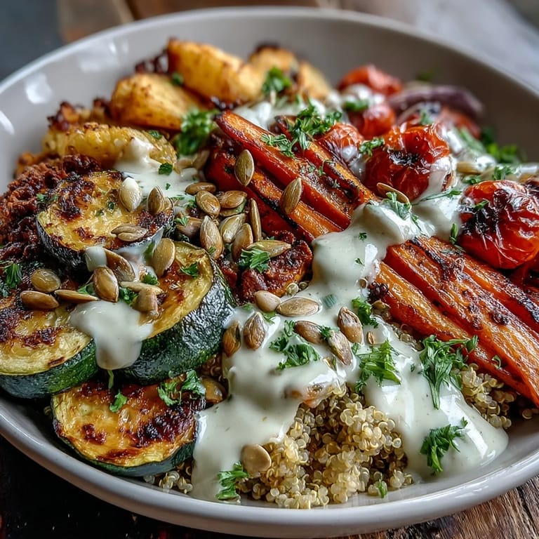 Overhead view of a vibrant Mediterranean-inspired Roasted Vegetable Quinoa Bowl with fresh parsley garnish.