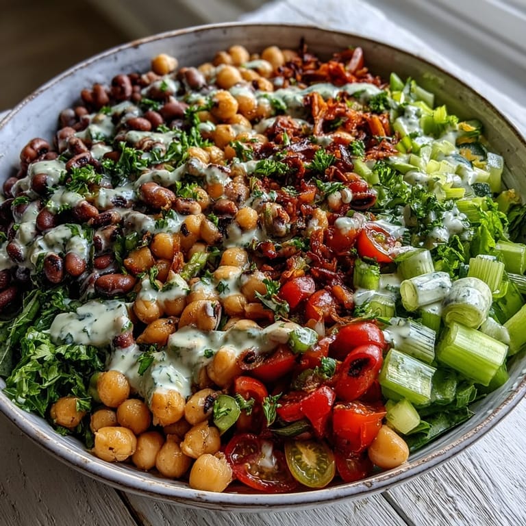 Colorful bowl of New Years Hoppin John Salad featuring chickpeas, black-eyed peas, rice, and fresh cherry tomatoes.
